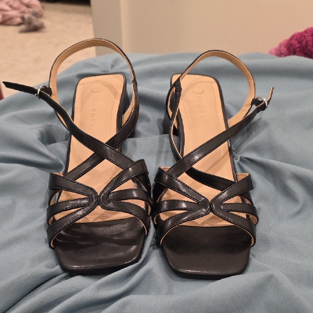 Journee Collection Black Strappy Slingback Heeled Sandals